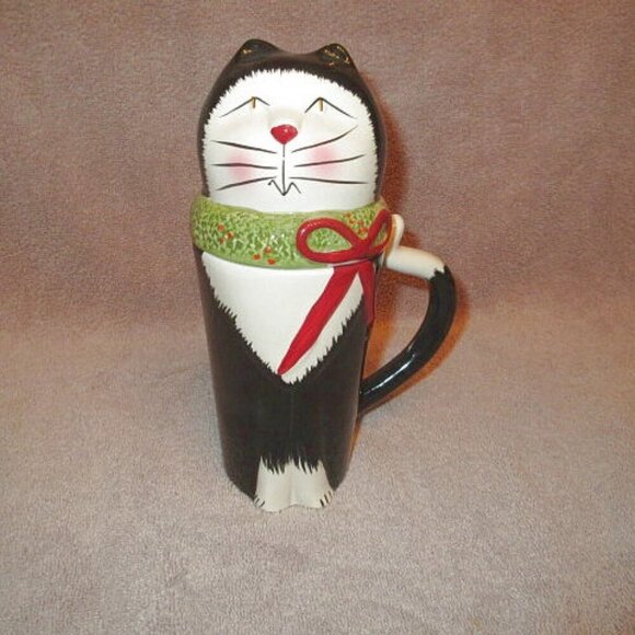 Sakura Christmas Cat Mug & Lid Tail Handle Coffee Latte Tea 16oz Tall Tuxedo - Picture 1 of 11